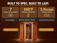 Infrared Sauna Built for Home Wellness, 3-Person Corner Design, Canadian Cedar Wood, 7 Carbon Heaters — Results & Stats