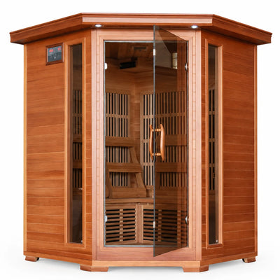 Infrared Sauna Built for Home Wellness, 3-Person Corner Design, Canadian Cedar Wood, 7 Carbon Heaters