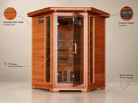 Infrared Sauna Built for Home Wellness, 3-Person Corner Design, Canadian Cedar Wood, 7 Carbon Heaters — Feature Infographic