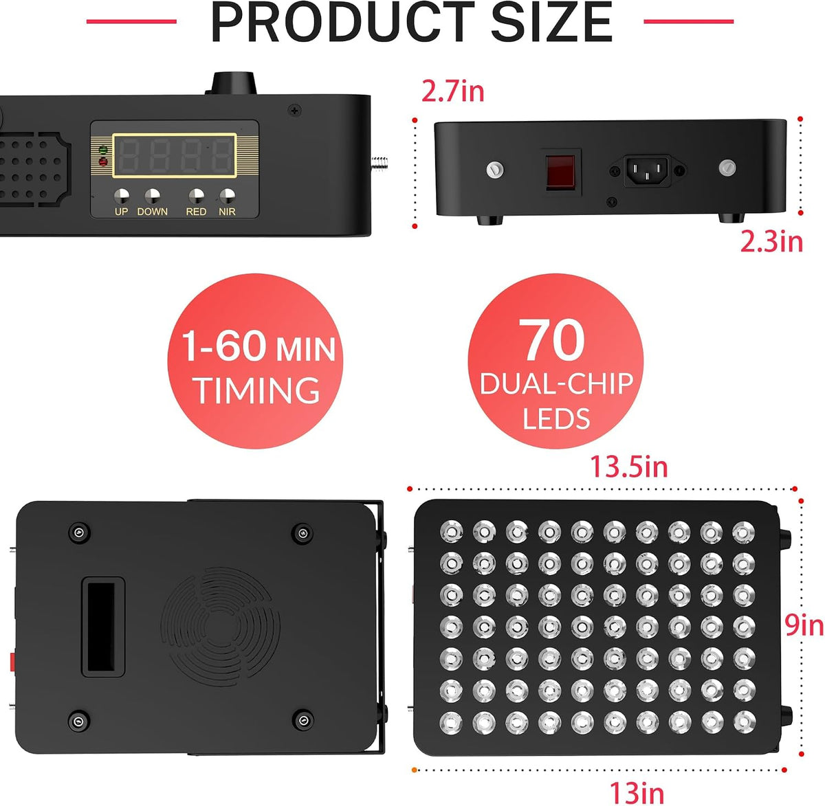 Red Light Therapy, 70 Dual Chip Red Light Therapy Panel Clinical Grade LED Device with Timer, Ideal for Body, Face, Recovery, Improve Sleep, Skin Health, 350W(Black)